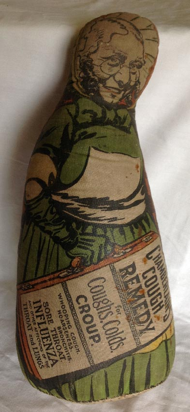unusual antique Chamberlain's Cough Remedy advertising cloth doll